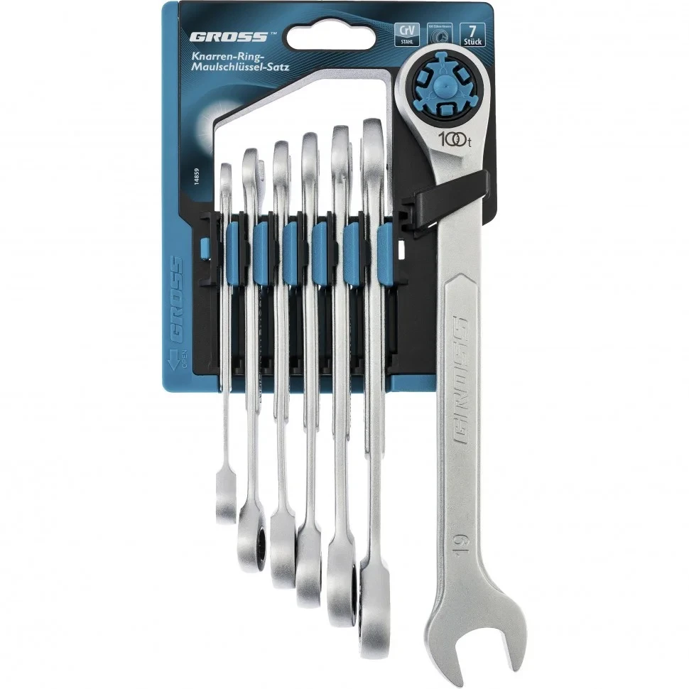 Набор ключей комбинированных трещоточных, количество зубьев 100, СRV, 7 шт, 8-19 мм. Gross