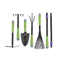 Набор садового инструмента: совок, грабли веерные, рыхлитель, грабли 5-зубые, мотыжка, комплект удленных