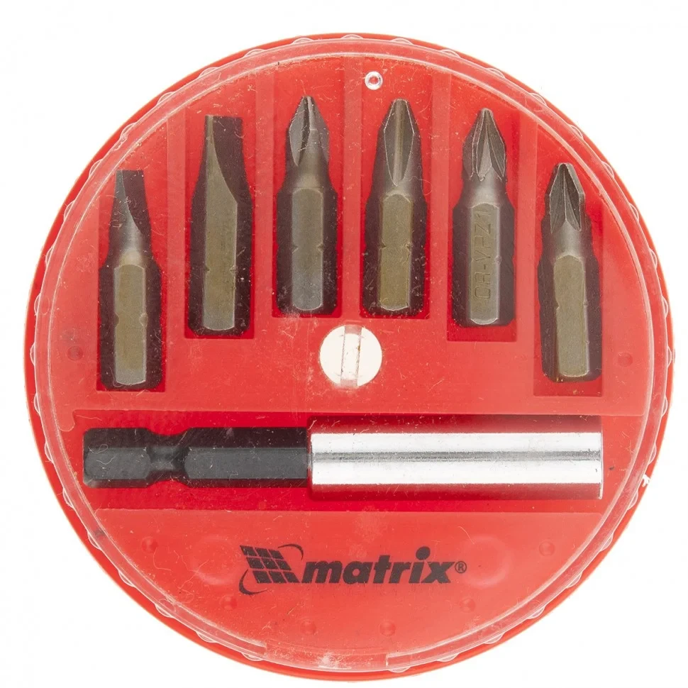 Набор бит, магнитный адаптер для бит, сталь 45Х, 7 предметов, в пластиковом закрытом боксе. MATRIX - фото 1 - id-p103215720