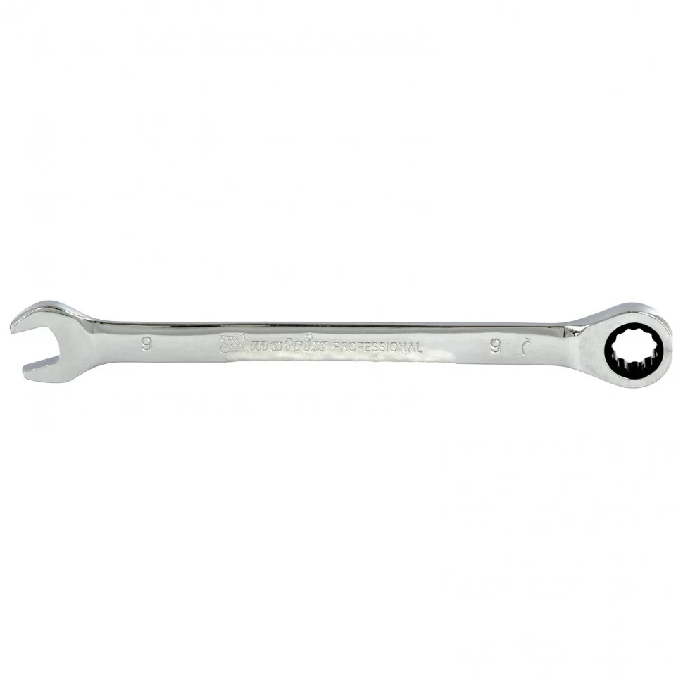 Ключ комбинированный трещоточный, 9 мм, CrV, зеркальный хром. MATRIX PROFESSIONAL