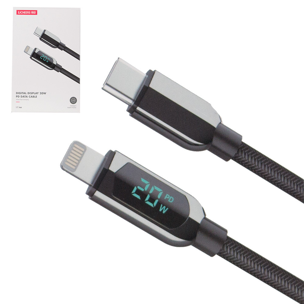 Кабель Type-C to lightning Licheers LC-480, 1.2m, PD 20W, Digital Display, Black