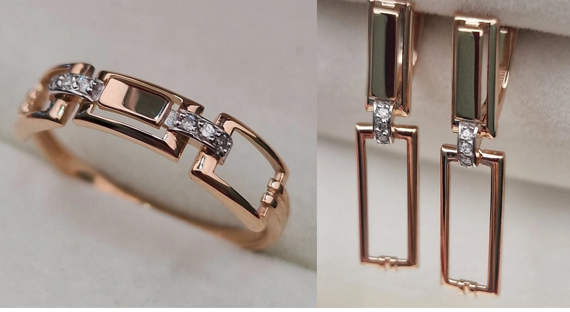 Золотой набор с бриллиантами (кольцо  0.022Сt VS1/G VG - Cut , серьги 0.020Ct VS1/G, EX-Cut )
