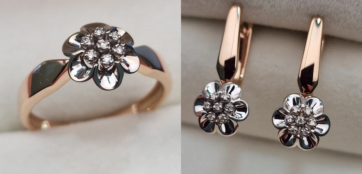 Золотой набор с бриллиантами (кольцо 0.036Сt VS2/G VG - Cut , серьги 0.06Ct VS2/G, VG-Cut)