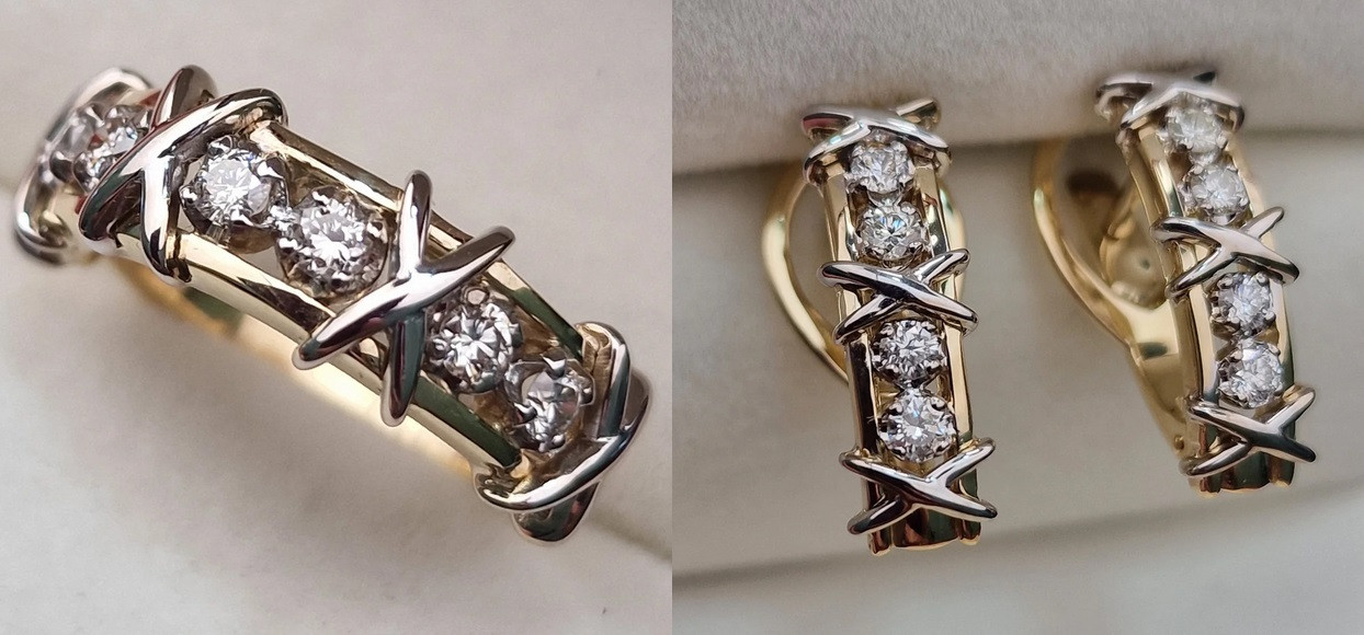 Золотой набор с бриллиантами (кольцо 0.35Сt VS1/J VG - Cut , серьги 0.46Ct SI1/H, VG-Cut)
