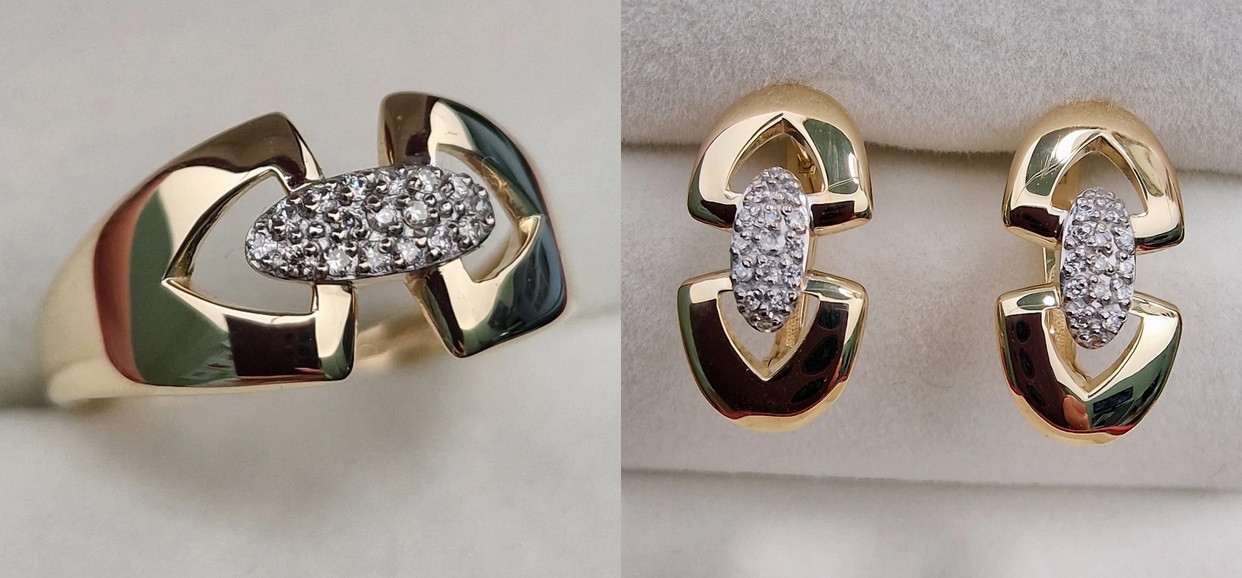 Золотой набор с бриллиантами (кольцо 0.080Сt VS1/G VG - Cut , серьги 0.14Ct VS1/G, EX-Cut )