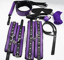 Фетиш набор черно-фиолетовый 8 предметов (зажимы , наручники, оковы на ноги, ошейник, канат, кляп, плеть,