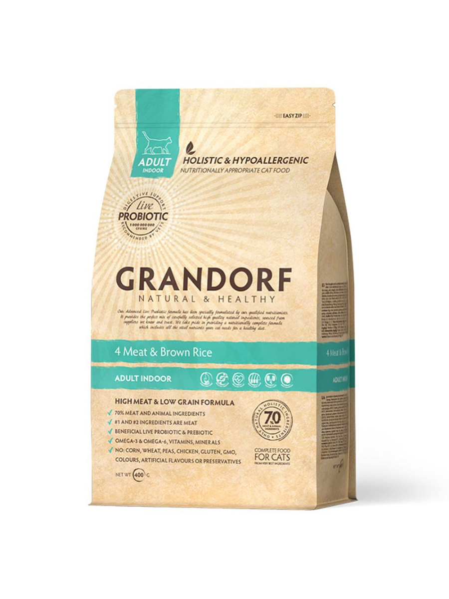 Grandorf Indoor Сухой корм для взрослых кошек, 4 мяса с бурым рисом, 400 гр