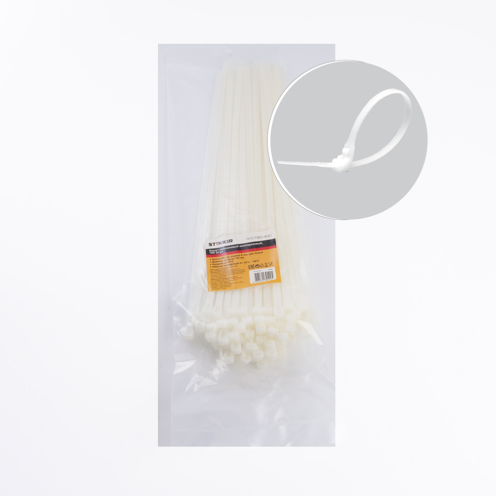 Хомут нейлоновый многоразовый STEKKER NYCT80-400 8x400 мм, белый, упаковка 100 шт, фото 1
