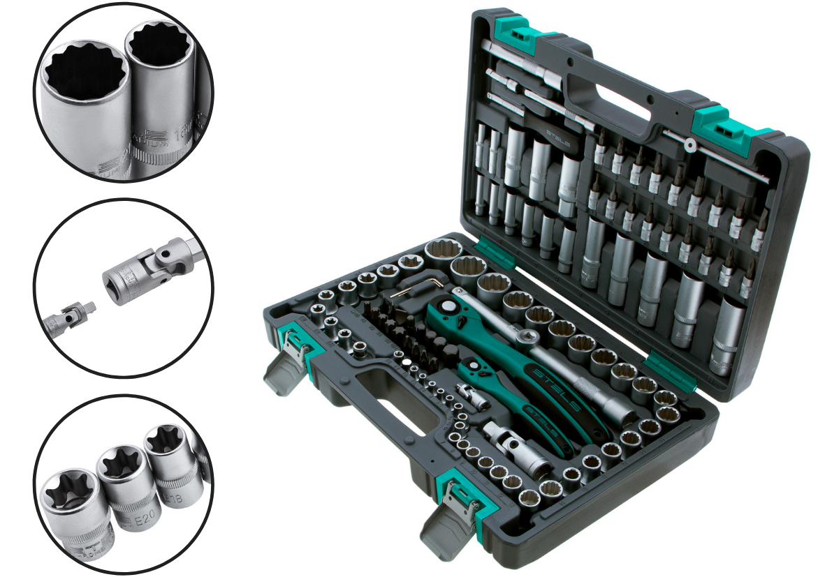 Набор инструментов, 1/2, 1/4, CrV, пластиковый кейс, 109 предметов двенадцатигранные головки Stels