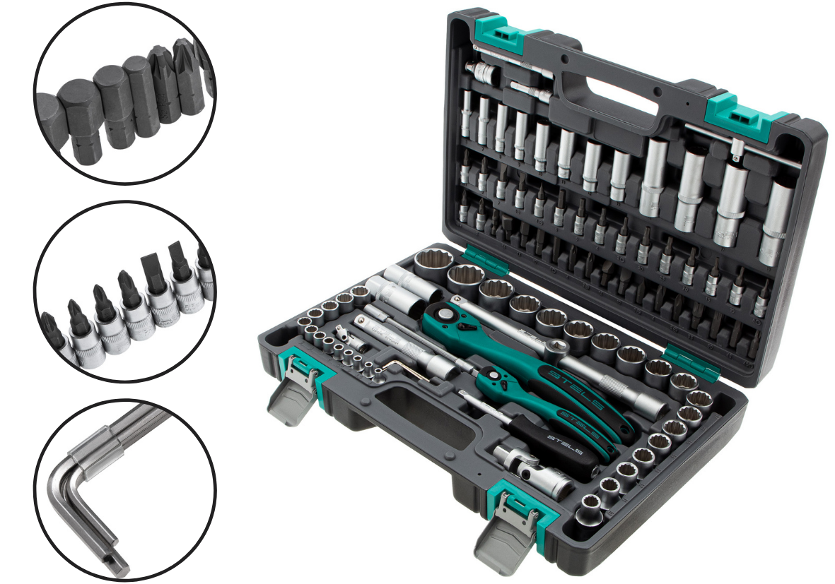 Набор инструментов, 1/2, 1/4, CrV, пластиковый кейс, 94 предмета, двенадцатигранные головки Stels - фото 1 - id-p98270252