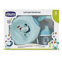 Chicco: Набор детской посуды (тарелка, ложка, поильник) 6м+, голубой