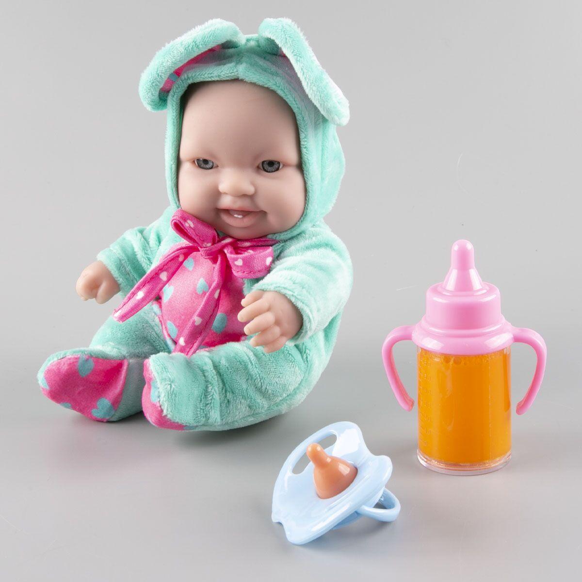 Kaifan Toys: Пупс в голубом комбинезоне с ушками с бутылочкой