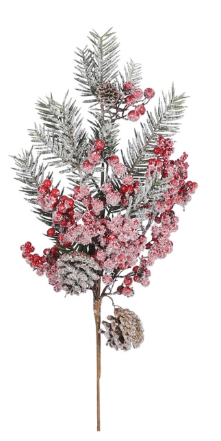 Триумф: Декоративная ветка с красными ягодками и шишками заснеженная 15 см.