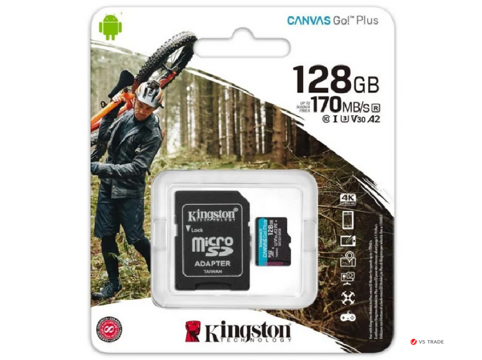 Карта памяти Kingston 128GB microSDXC Canvas Go Plus 170R/90W A2 U3 V30 Card + Adapter, SDCG3/128GB
