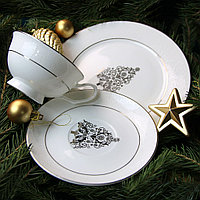 Костяной фарфор АККУ подарочный набор Новый год тарелка 21см+ч/пара (бел.золото)(12)