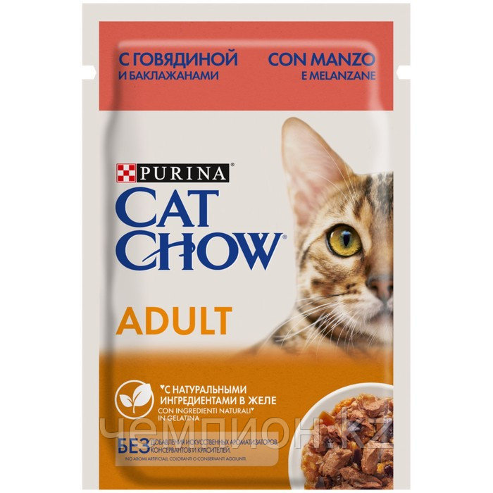 Cat Chow, Кэт Чау влажный корм для кошек с говядиной и баклажанами, пауч 85гр.