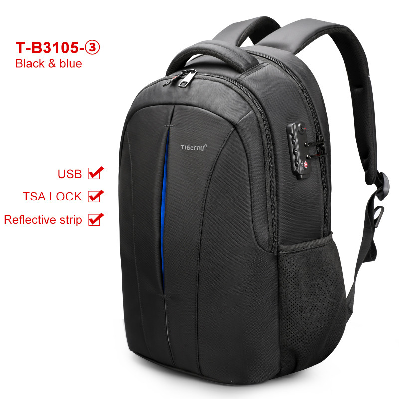 Городской рюкзак TIGERNU T-B3105А 15,6 дюймовый с USB и встроенным кодовым замком черный с синим - фото 3 - id-p103772934