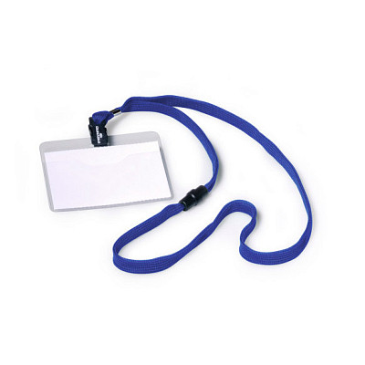Бейдж пластиковый горизонтальный "Durable", 60x90мм, прозрачный, синий шнурок