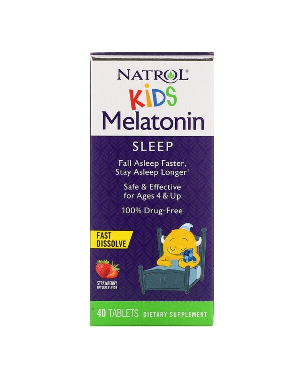 Natrol Kids, мелатонин, для детей от 4 лет, клубничный вкус, 40 таблеток - фото 1 - id-p103878983