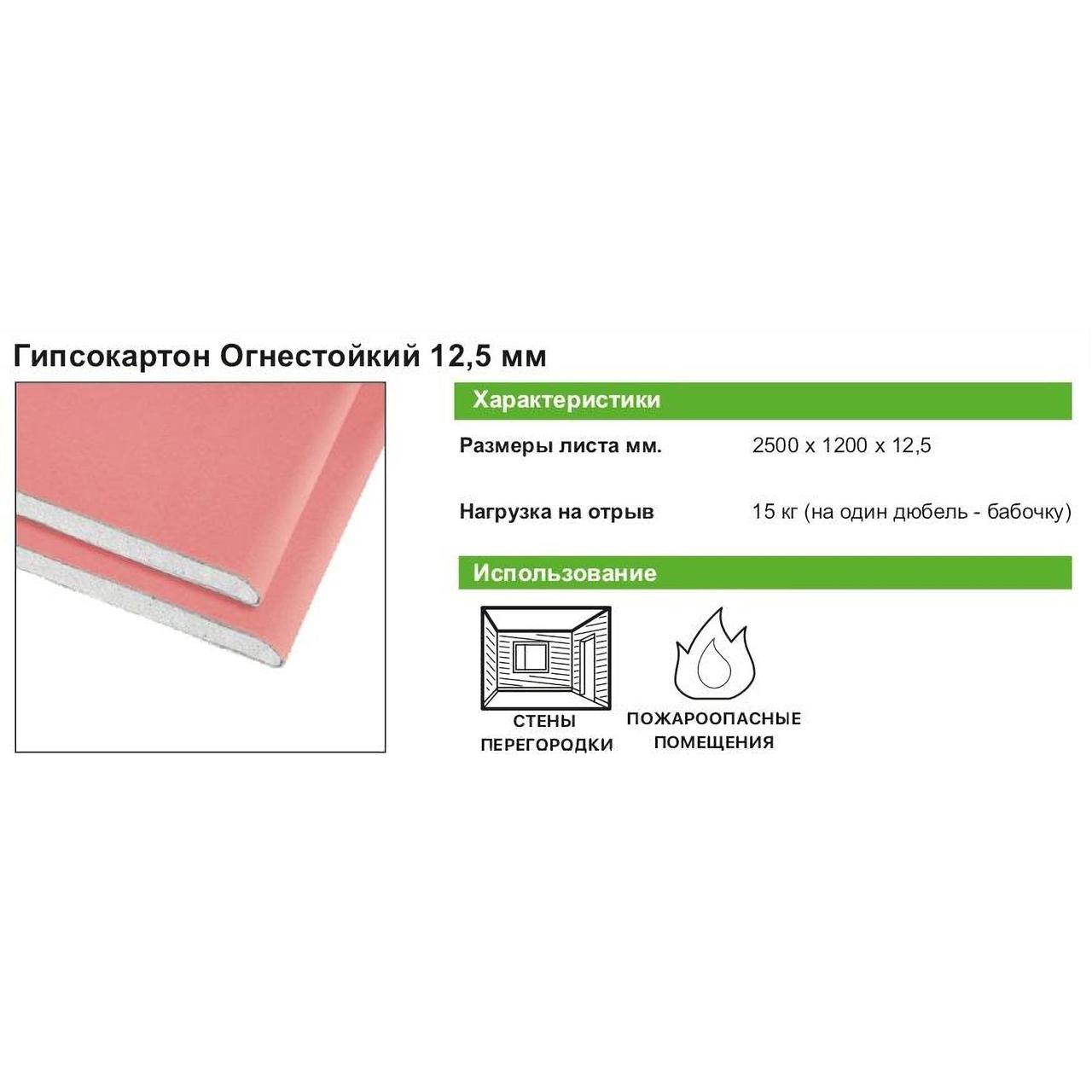 Гипсокартон огнестойкий 12.5 мм Gyproc 2500х1200 3 м² - фото 3 - id-p103879804