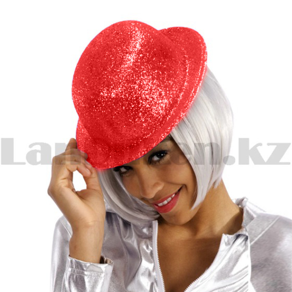 Шляпа котелок карнавальная блестящая красная