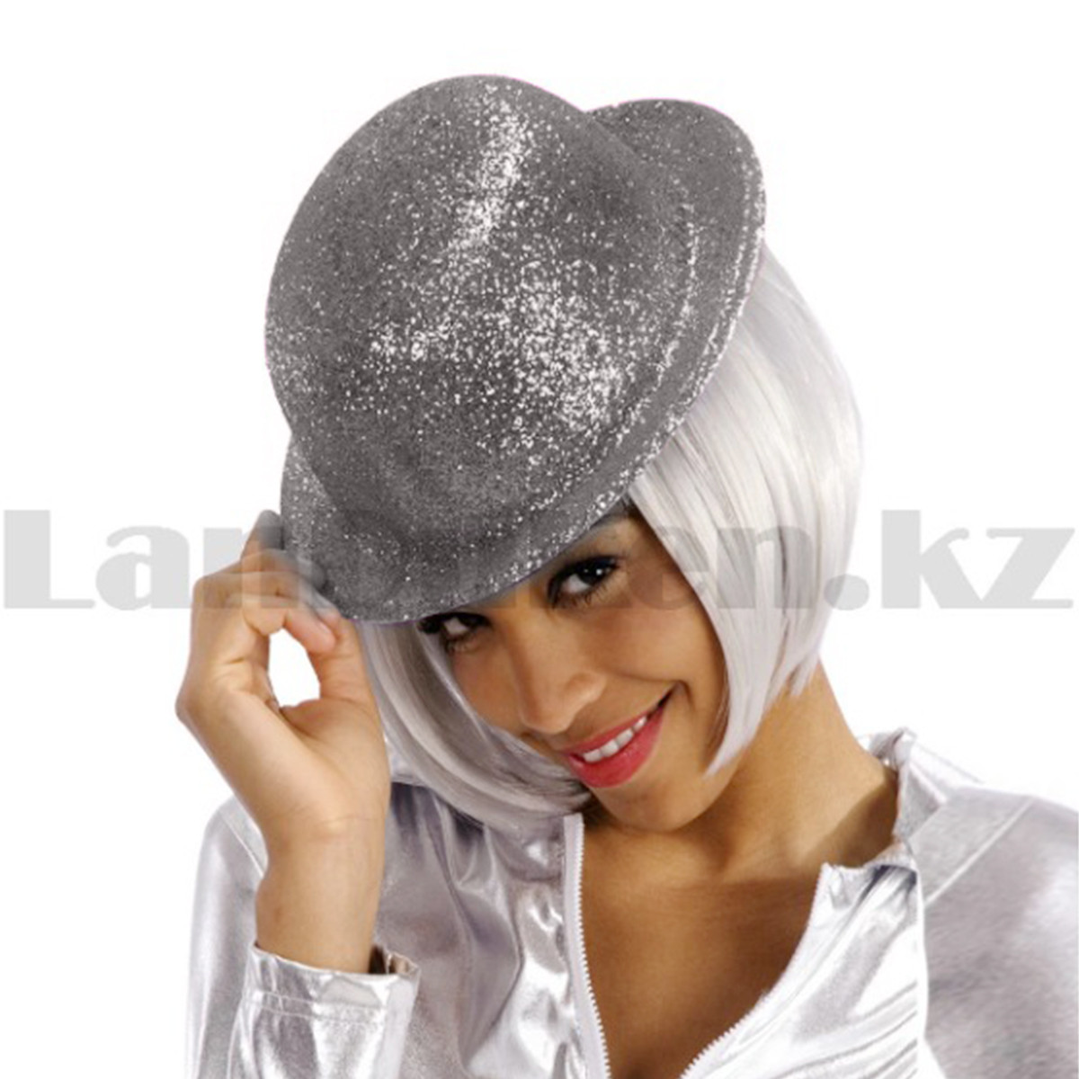 Шляпа котелок карнавальная блестящая серебристая, фото 1