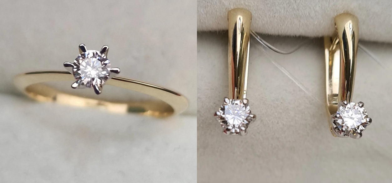 Золотой набор с бриллиантами (кольцо 0.195Сt SI1/K VG , серьги 0.42Ct VS2/M, VG-Cut )
