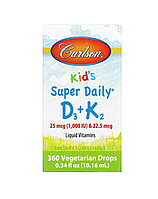 Балаларға арналған Carlson Super Daily D3+K2, 25 мкг (1000 ХБ) және 22,5 мкг, 10,16 мл (0,34 фл.) унция)
