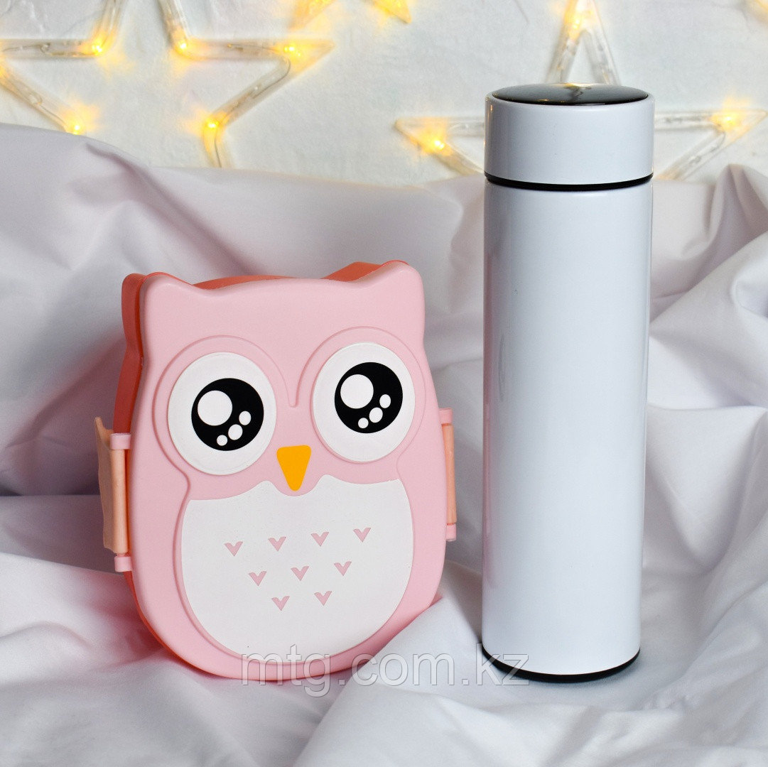 Подарочный набор ланч-бокс "сова" и термос синий