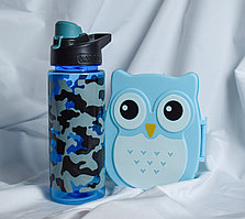 Подарочный набор ланч-бокс "сова" и термо-бутылка синяя