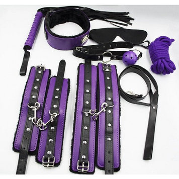 Фетиш набор черно-фиолетовый 8 предметов (зажимы , наручники, оковы на ноги, ошейник, канат, кляп, плеть,