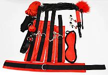 Фетиш набор Red passion красный (наручники, оковы для ног, зажимы, тиклер, маска, ошейник, флоггер, канат,