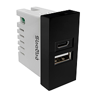 Shelbi 2- портовая USB и Type-C Розетка зарядка 45х22.5, чёрная