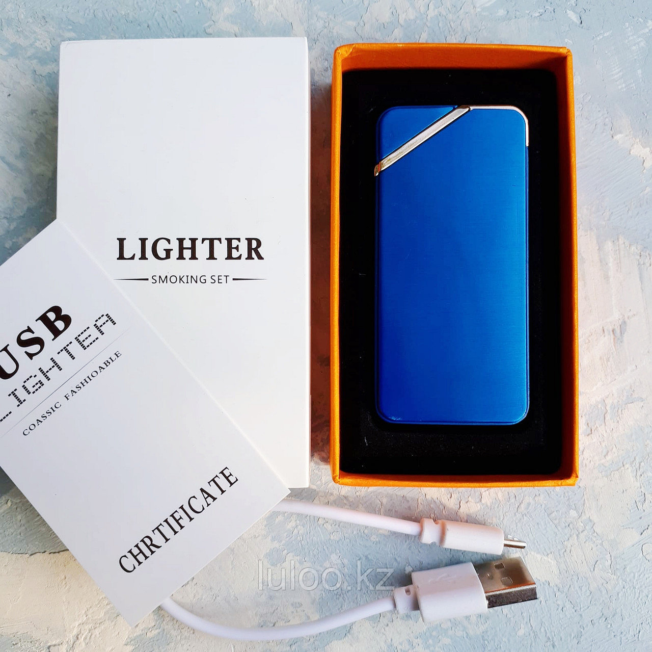 Электроимпульсная зажигалка. Фирма LIGHTER в подарочной коробке, синяя., фото 1