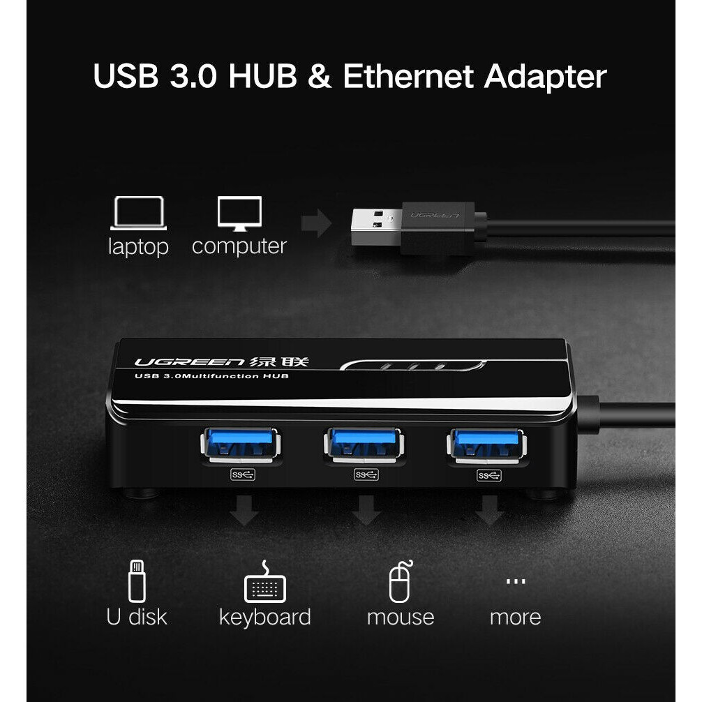 UGREEN 20265 Конвертер сигнала USB 3.0 Hub with Gigabit Ethernet Adapter - фото 2 - id-p104262884
