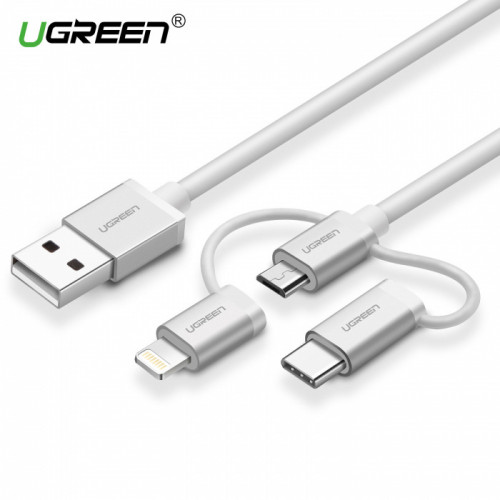 UGREEN 50203 Переходник US186 USB 2.0 A To Micro USB+Lightning+Type C (3 in 1) Cable Sliver 1.5M