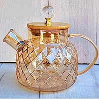 Заварочный чайник из жаропрочного стекла с деревянной крышкой 1000 мл