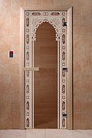 Дверь стеклянная банная Восточная арка, 3 петли, стекло 8 мм, коробка Ольха
