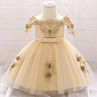 Пышное платье принцессы в сеточку с бисером 0-3 года. Цвет айвори. Детское платье.