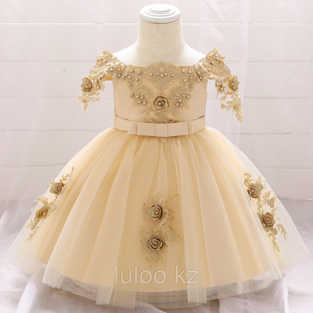 Пышное платье принцессы в сеточку с бисером 0-3 года. Цвет айвори. Детское платье., фото 1