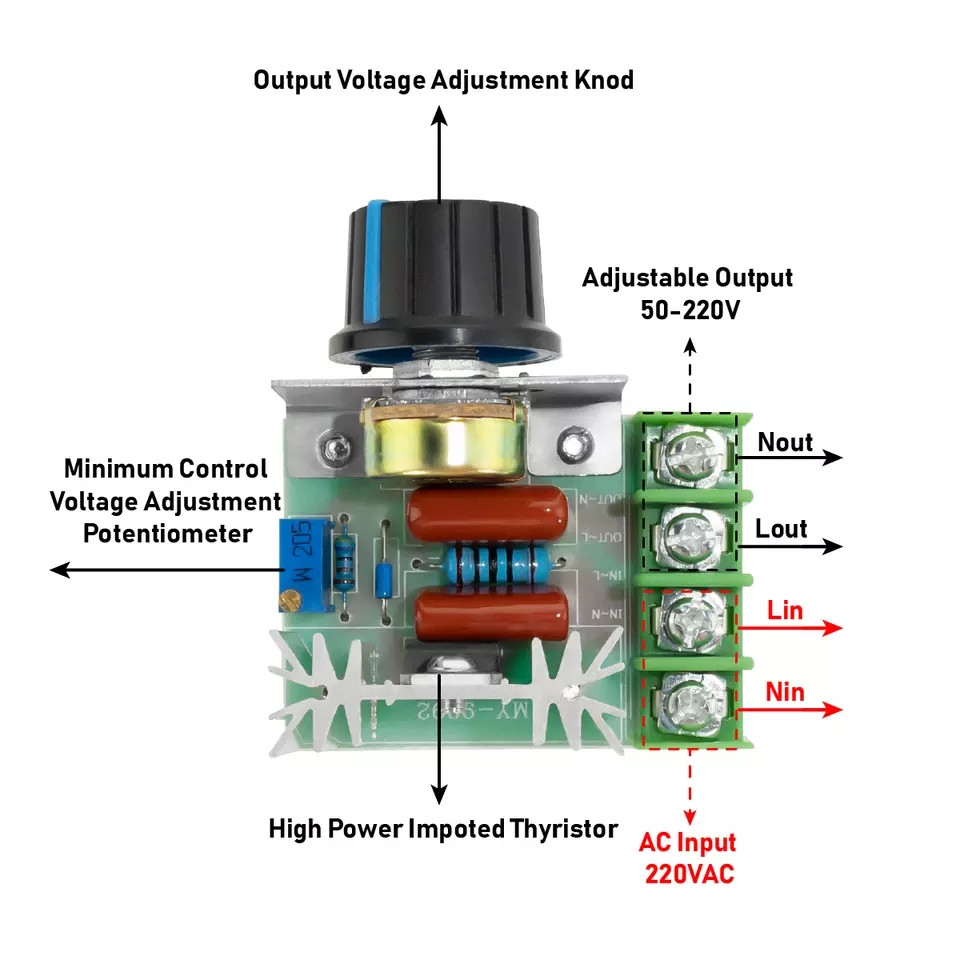 Регулятор SCR напряжения AC110-220V up 2000ВТ в пределах 50-220В для тэнов, электроинструмента - фото 1 - id-p104405479
