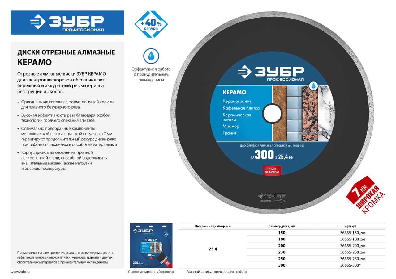 КЕРАМО-25 180 мм, диск алмазный отрезной сплошной по керамограниту, мрамору, плитке, ЗУБР Профессионал - фото 3 - id-p104413615