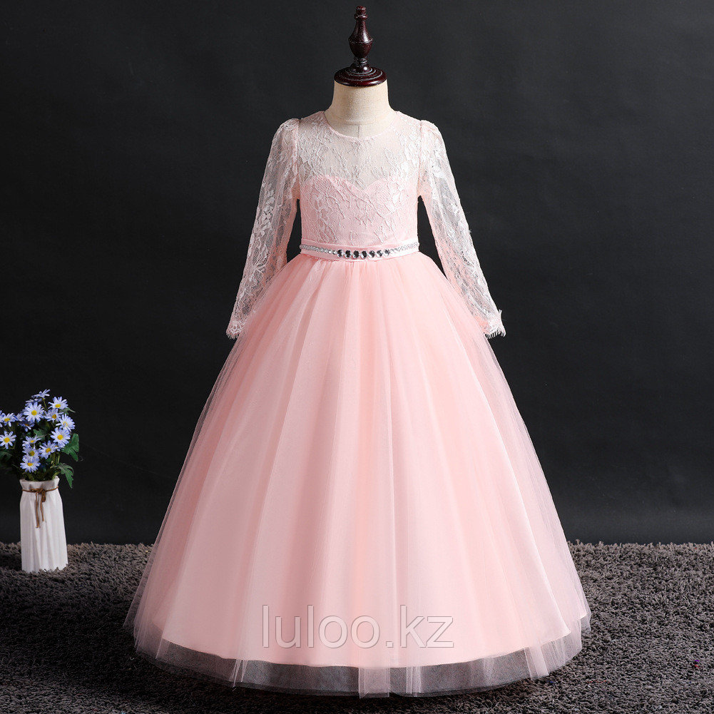 Платье детское розовое. Бальное платье принцессы с длинными рукавами и цветочным узором., фото 1