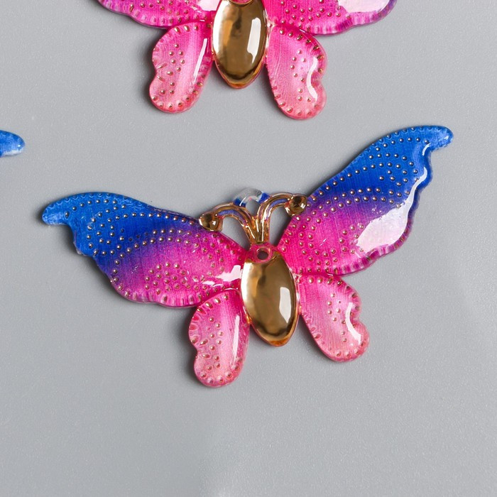 Декор для творчества пластик "Бабочка розово-синяя большая с золотыми точками" 2,6х5 см