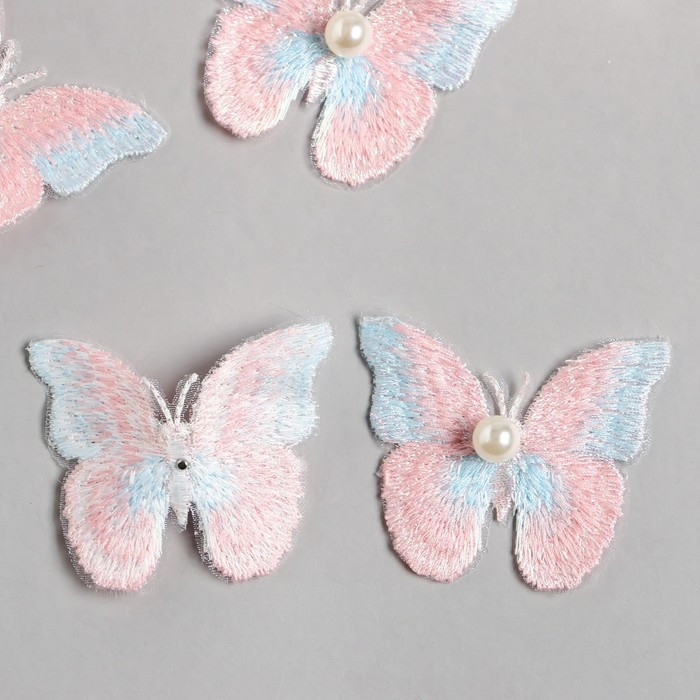 Декор для творчества текстиль вышивка "Бабочка розово-голубая" двойные крылья 5х6,3 см