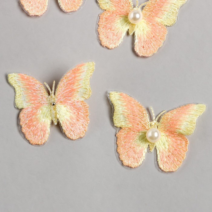 Декор для творчества текстиль вышивка "Бабочка жёлто-оранжевая" двойные крылья 5х6 см