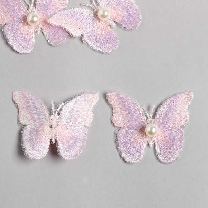 Декор для творчества текстиль вышивка "Бабочка розово-сиреневая" двойные крылья 5х6,3 см