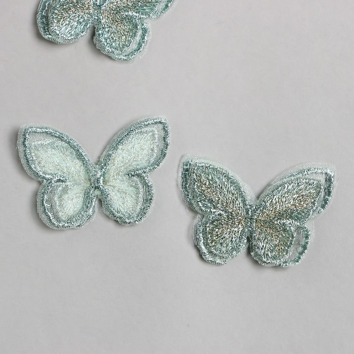 Декор для творчества текстиль вышивка "Бабочка зелёная" двойные крылья 3,7х5 см