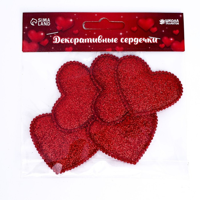 Сердечки декоративные, набор 5 шт., размер 1 шт: 5,3 × 5 см, цвет красный