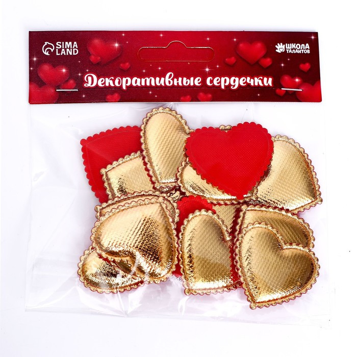 Сердечки декоративные, набор 15 шт., размер 1 шт: 3,5 × 3 см, цвет красный,золото